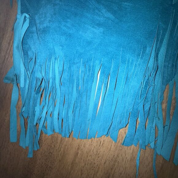 Vintage Western Teal Blue Suede Leather Fringe Shawl Cape Poncho Rodeo Hand made - Picture 13 of 16